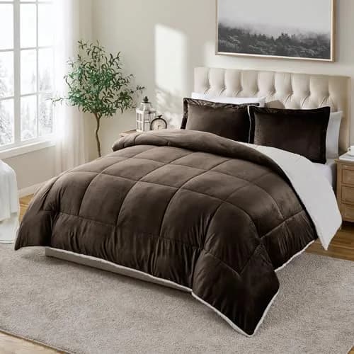 Cathay Home Twin Comforter Set, Reversible Micromink Sherpa, Chocolate | All-Season Cozy Bedding thumbnail 1
