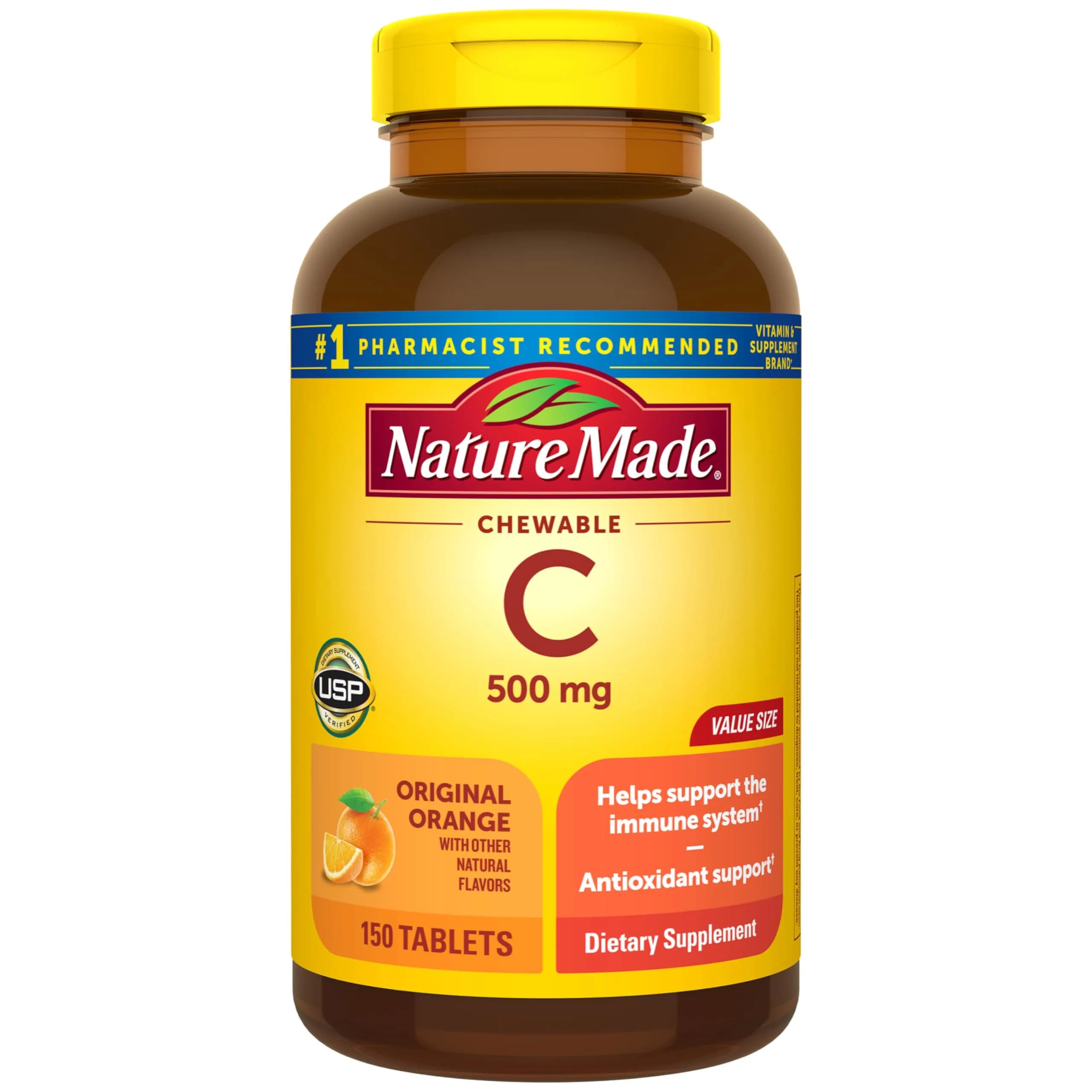 Nature Made Chewable Vitamin C 500 mg Tablets Orange Flavor 150 Count | USP Verified Immune Support - main product image