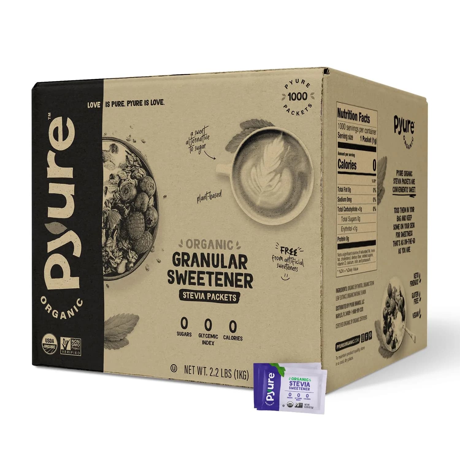 Pyure Organic Stevia Packets 1000 Count (Pack of 1) | Zero Calorie Sweetener for Coffee & Baking — Multicolor