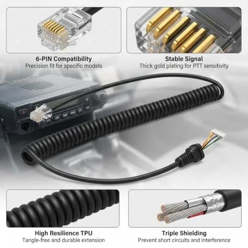 PASOW Replacement Microphone Cable Cord for Yaesu MH-48 MH-36 MH-42 | Coiled, Black, 120cm thumbnail 5