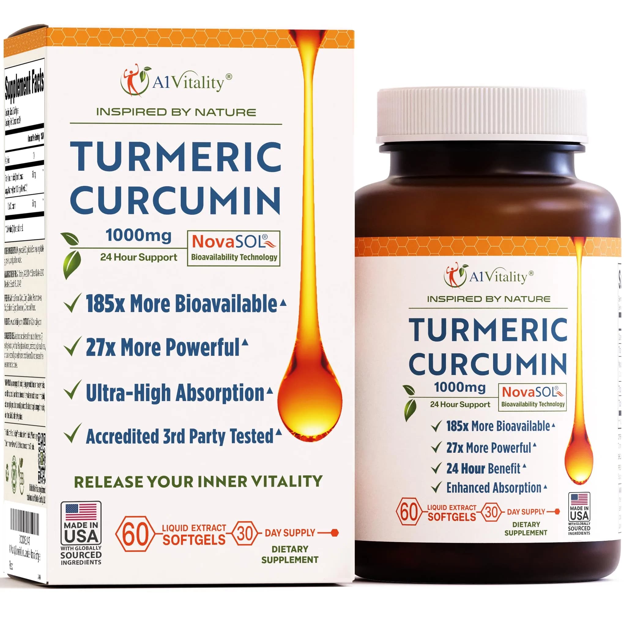 A1Vitality NovaSOL Turmeric Curcumin 1000mg | Clinically Proven 185x Higher Absorption for Joint & Overall Wellness — Softgel