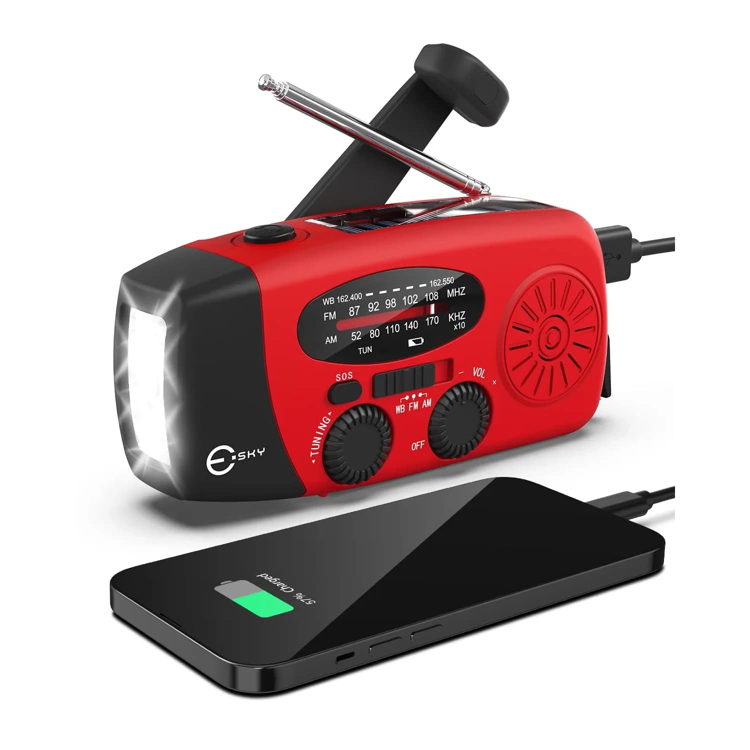 Esky Emergency Hand Crank Radio Red 295ml (10.0oz) | SOS Alarm & NOAA Weather Alerts