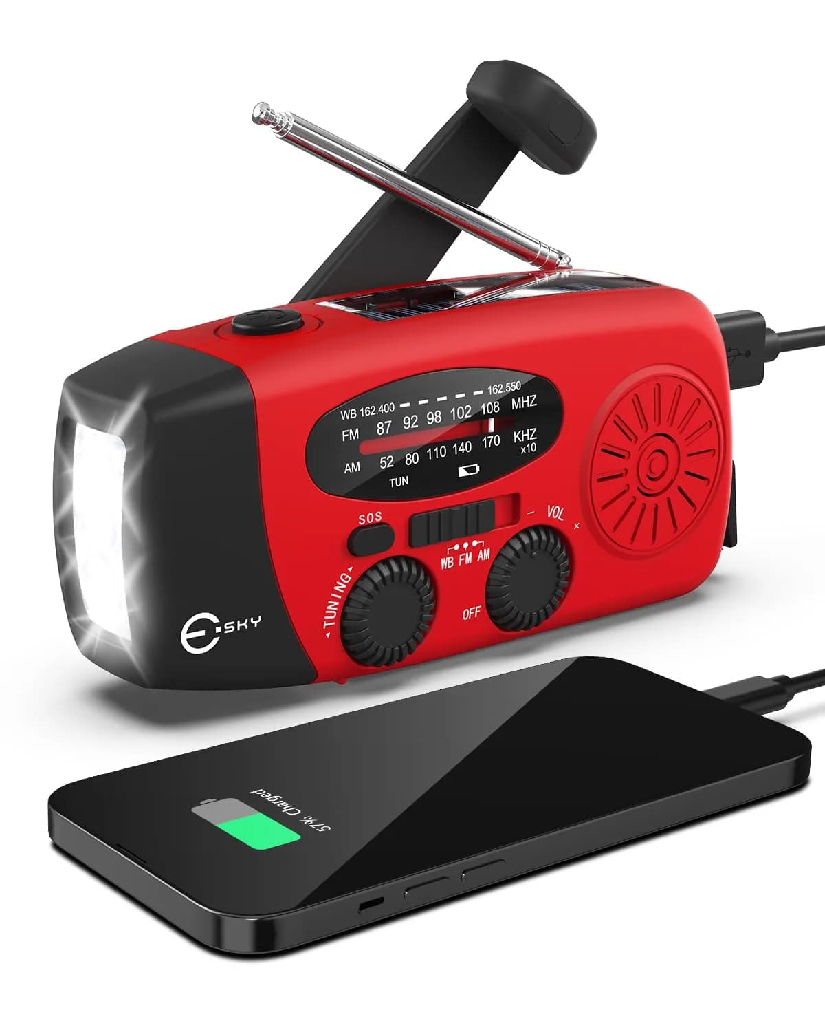 Esky Emergency Hand Crank Radio Red 295ml (10.0oz) | SOS Alarm & NOAA Weather Alerts — Red