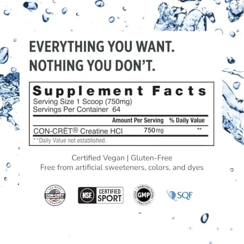 CON-CRET Creatine HCl Powder for Women and Men | Unflavored, 64 Servings | Explosive Performance & Cognitive Support thumbnail 6