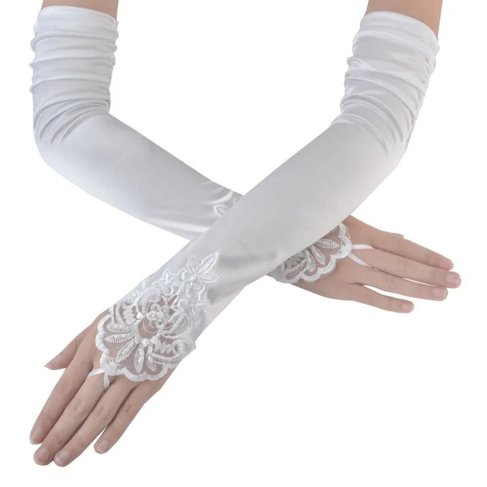 JISEN Women 20s Fingerless Satin Gloves with Finger Loops 15 Inch Red | Elegant Bridal & Evening Accessory — Fingerless 16.7 Inch White
