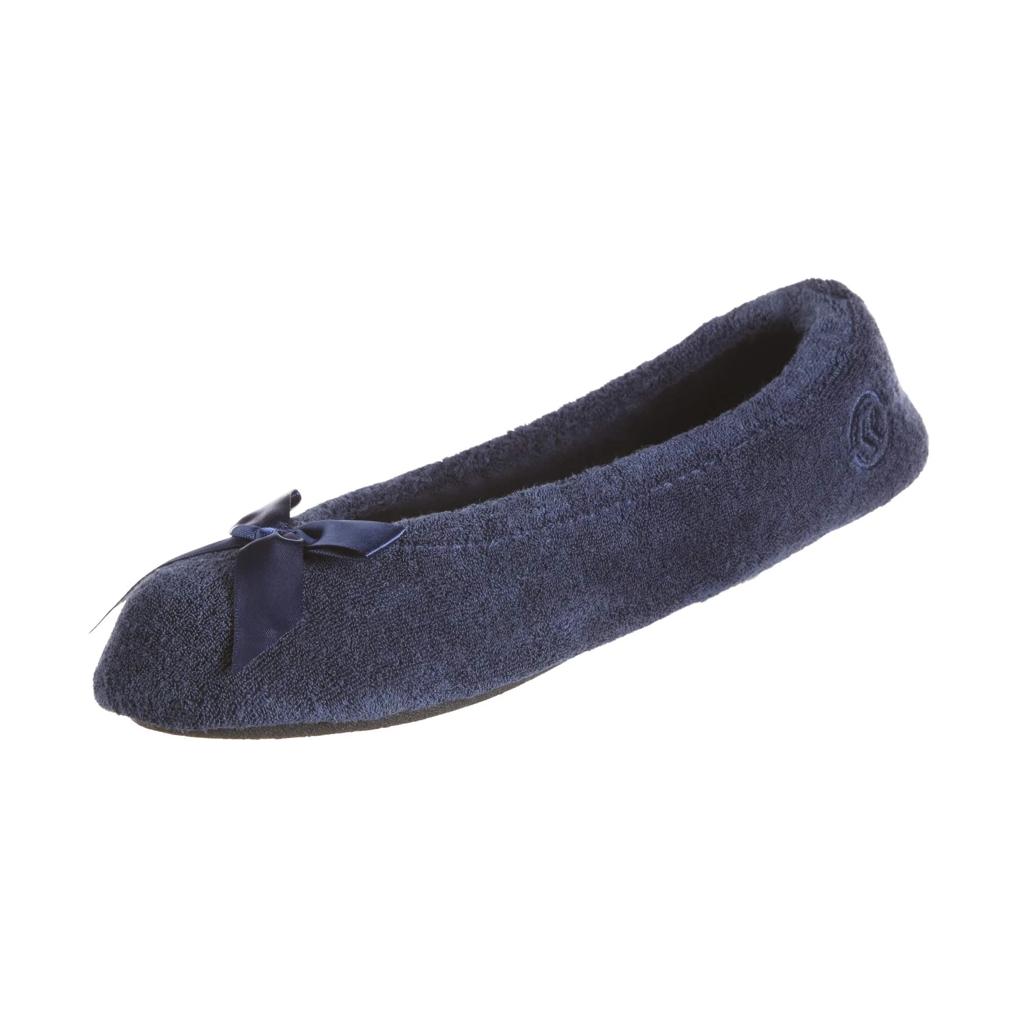 isotoner Women's Indoor/Outdoor Classic Terry Ballerina Slippers with Non-slip Sole, Navy, 11-12 | Cozy, Elegant & Durable — Navy