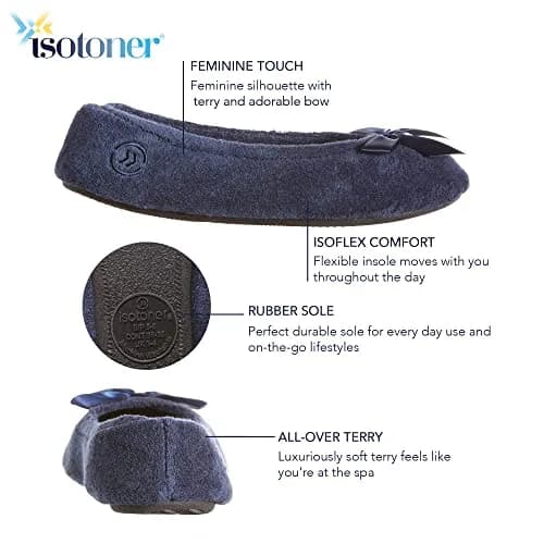 isotoner Women's Indoor/Outdoor Classic Terry Ballerina Slippers with Non-slip Sole, Navy, 11-12 | Cozy, Elegant & Durable thumbnail 4