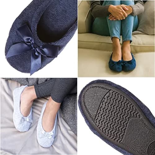 isotoner Women's Indoor/Outdoor Classic Terry Ballerina Slippers with Non-slip Sole, Navy, 11-12 | Cozy, Elegant & Durable thumbnail 2