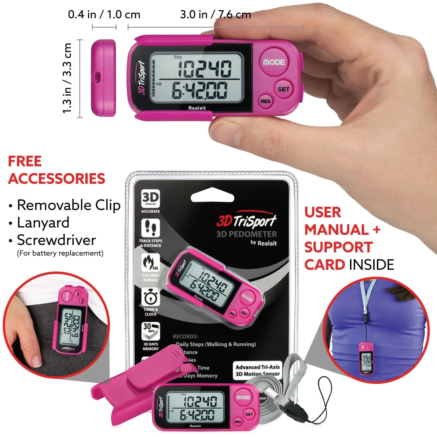 Realalt 3DTriSport 3D Pedometer with Clip & Strap, 30-Day Memory, 7.8cm (3") Magenta | Accurate Step Counter for Seniors & Beginners - view 4