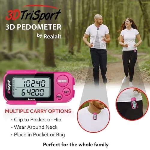 Realalt 3DTriSport 3D Pedometer with Clip & Strap, 30-Day Memory, 7.8cm (3") Magenta | Accurate Step Counter for Seniors & Beginners thumbnail 5