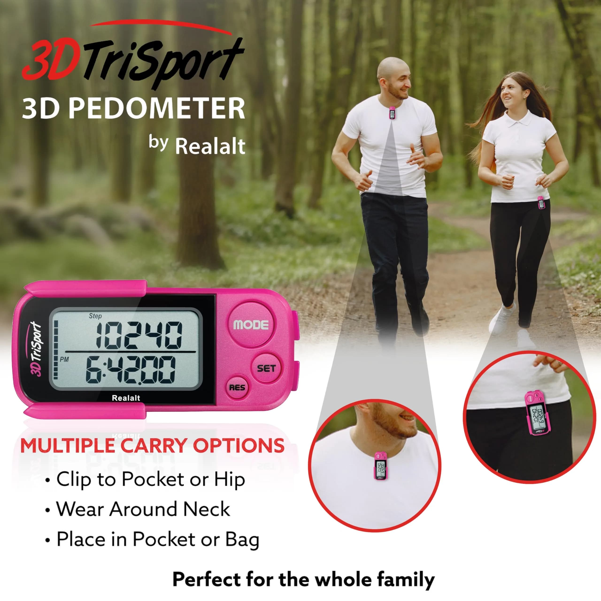Realalt 3DTriSport 3D Pedometer with Clip & Strap, 30-Day Memory, 7.8cm (3") Magenta | Accurate Step Counter for Seniors & Beginners - view 5