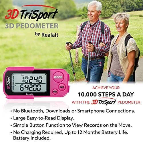 Realalt 3DTriSport 3D Pedometer with Clip & Strap, 30-Day Memory, 7.8cm (3") Magenta | Accurate Step Counter for Seniors & Beginners thumbnail 6