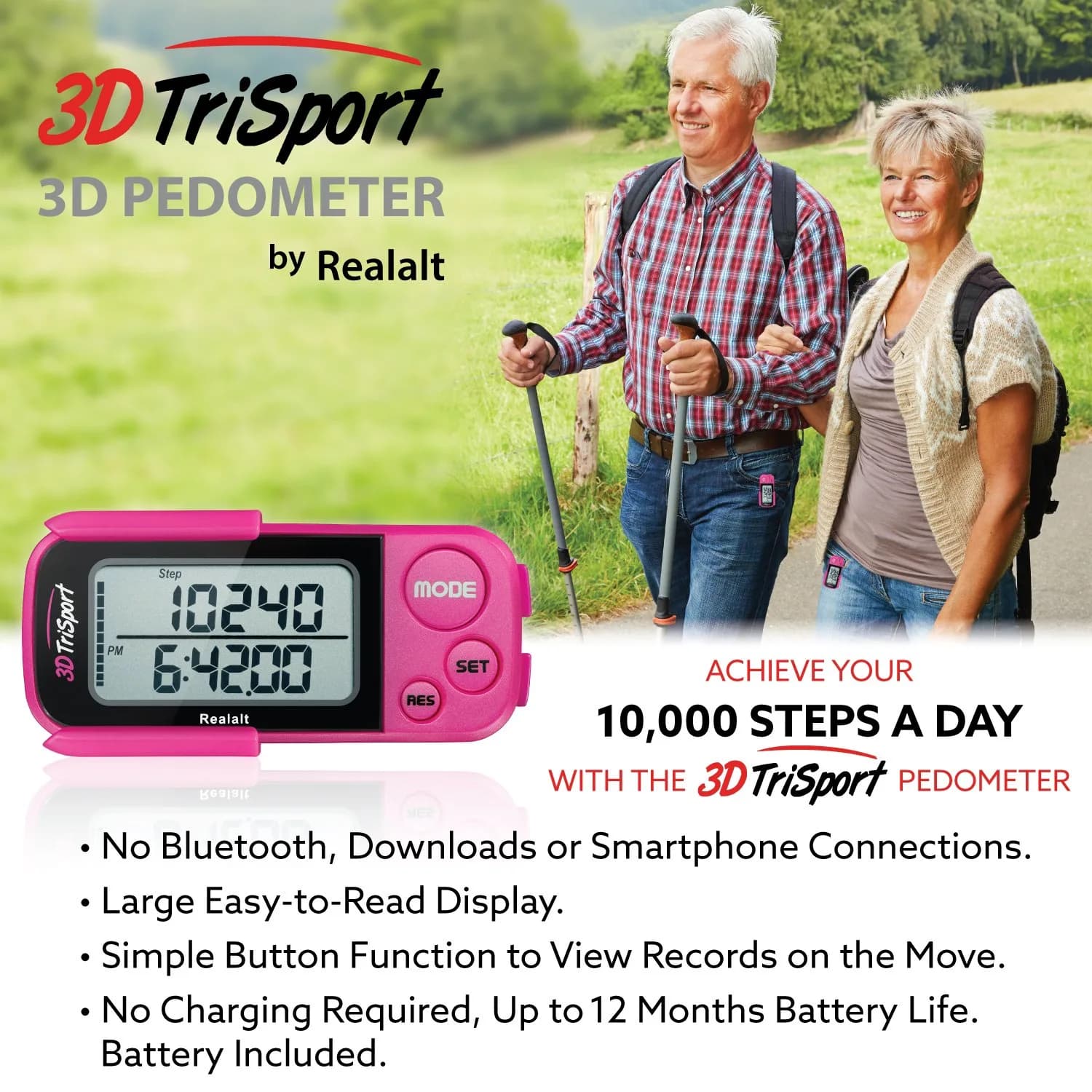 Realalt 3DTriSport 3D Pedometer with Clip & Strap, 30-Day Memory, 7.8cm (3") Magenta | Accurate Step Counter for Seniors & Beginners - view 6