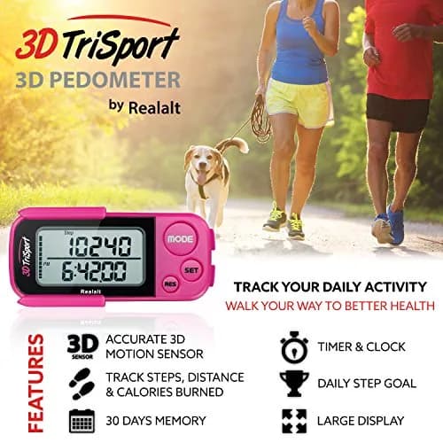 Realalt 3DTriSport 3D Pedometer with Clip & Strap, 30-Day Memory, 7.8cm (3") Magenta | Accurate Step Counter for Seniors & Beginners thumbnail 2