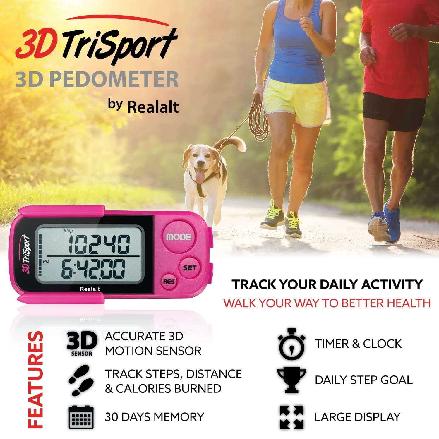 Realalt 3DTriSport 3D Pedometer with Clip & Strap, 30-Day Memory, 7.8cm (3") Magenta | Accurate Step Counter for Seniors & Beginners - view 2