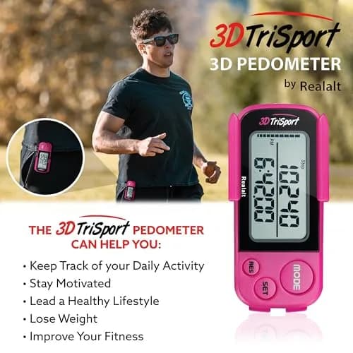 Realalt 3DTriSport 3D Pedometer with Clip & Strap, 30-Day Memory, 7.8cm (3") Magenta | Accurate Step Counter for Seniors & Beginners thumbnail 3