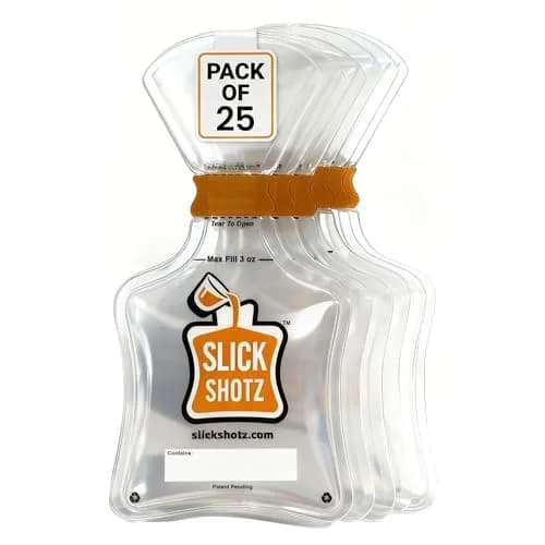 Slick Shotz 25 Pcs Heat Sealed Plastic Flask for Liquor – 3oz BPA-Free Leak Proof Reusable Drink Pouches for Alcohol in Travel thumbnail 1