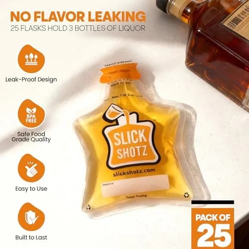 Slick Shotz 25 Pcs Heat Sealed Plastic Flask for Liquor – 3oz BPA-Free Leak Proof Reusable Drink Pouches for Alcohol in Travel thumbnail 6