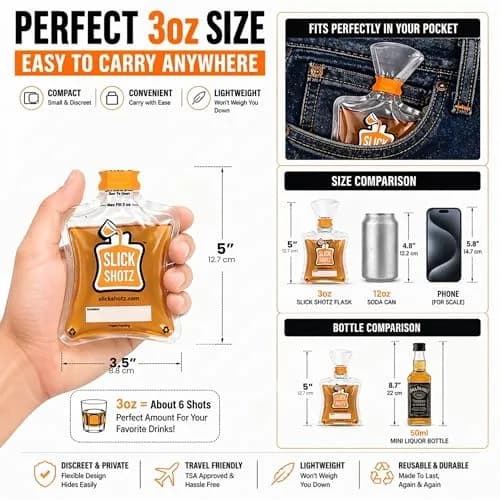 Slick Shotz 25 Pcs Heat Sealed Plastic Flask for Liquor – 3oz BPA-Free Leak Proof Reusable Drink Pouches for Alcohol in Travel thumbnail 2
