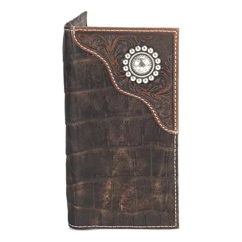 ARIAT Men's Rodeo Wallet, Floral Embossed Overlay, Western Concho, Brown | Top-Grain Leather Bi-Fold with Multiple Compartments — Brown
