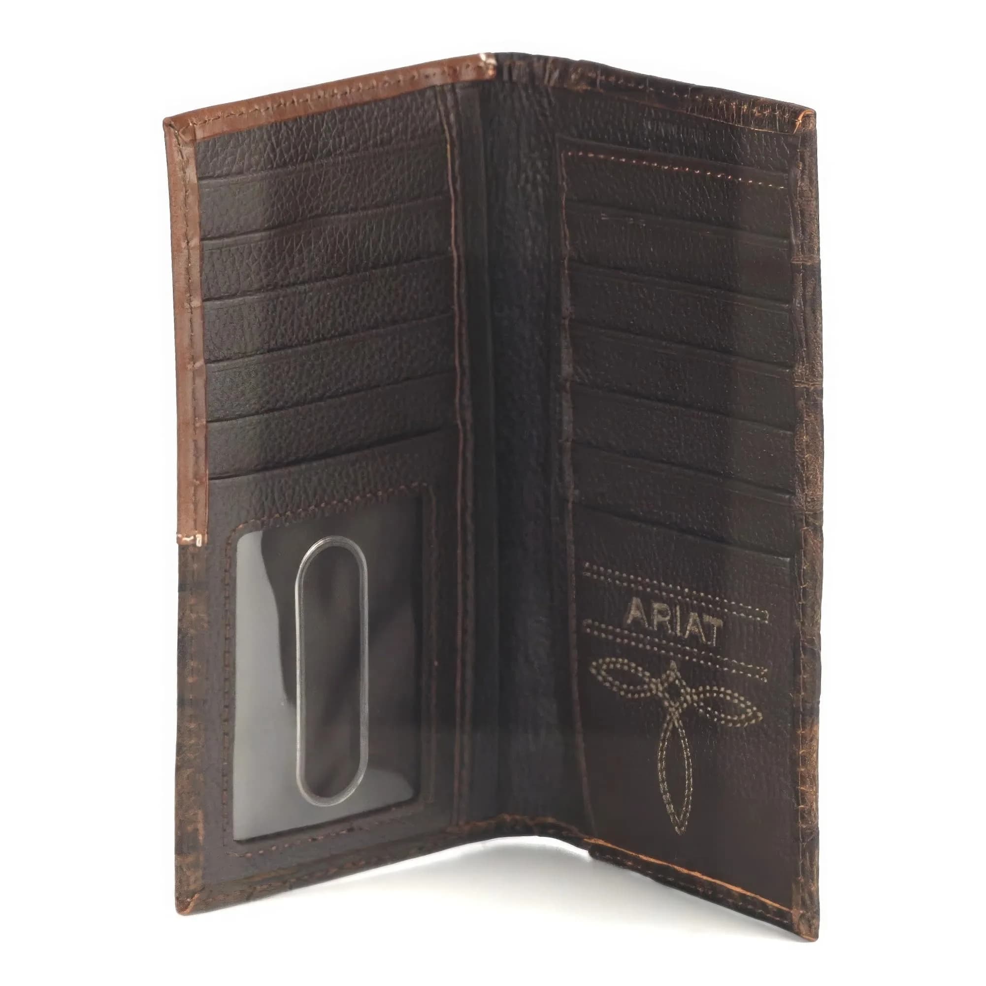 ARIAT Men's Rodeo Wallet, Floral Embossed Overlay, Western Concho, Brown | Top-Grain Leather Bi-Fold with Multiple Compartments - view 6