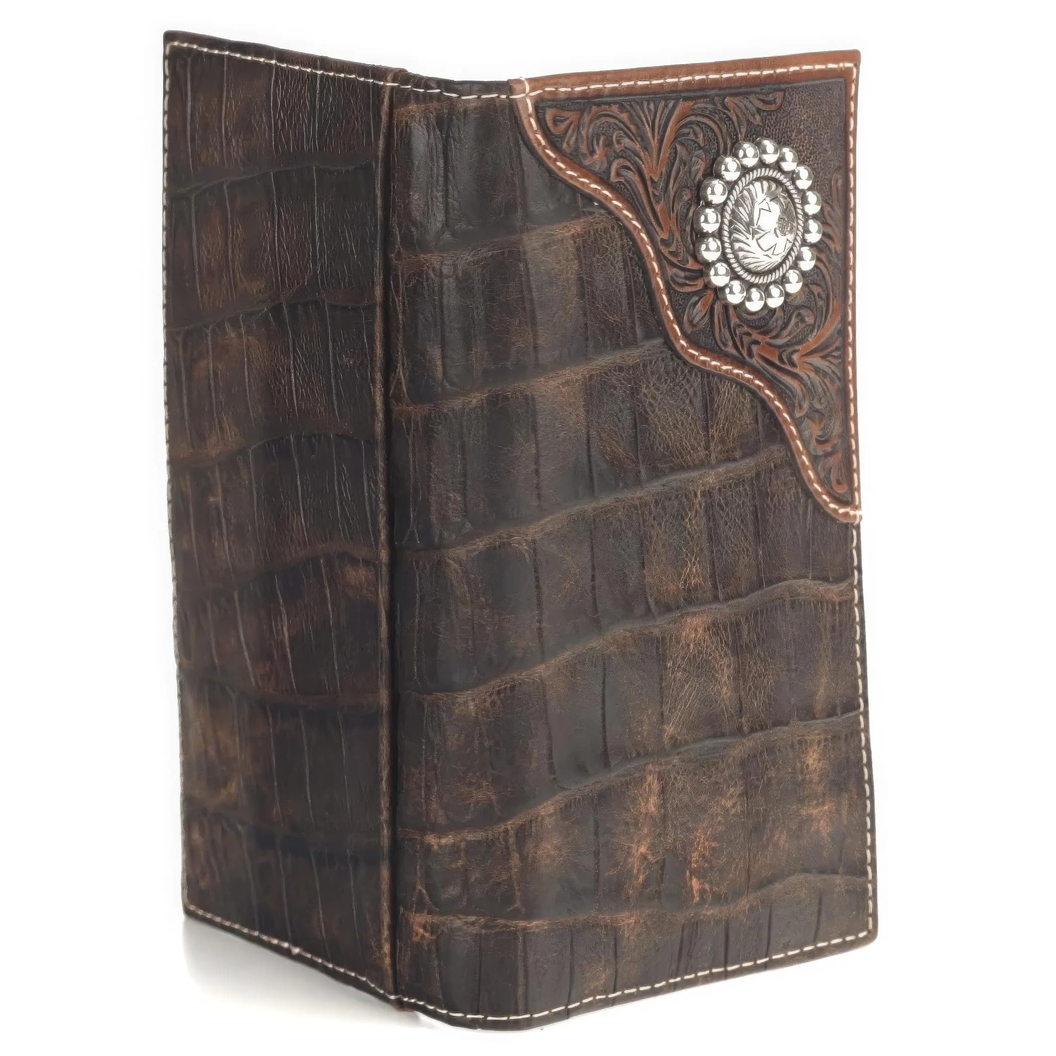 ARIAT Men's Rodeo Wallet, Floral Embossed Overlay, Western Concho, Brown | Top-Grain Leather Bi-Fold with Multiple Compartments - view 2