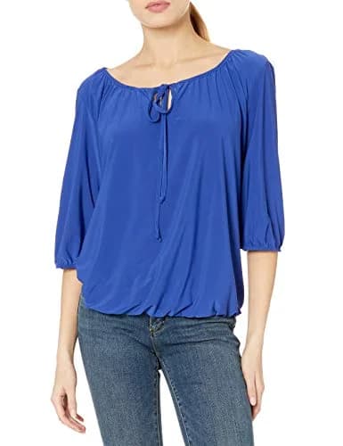 Star Vixen Women's Peasant Top with Keyhole Tie, Royal, Large | Elastic Hem & 3/4 Sleeve thumbnail 1