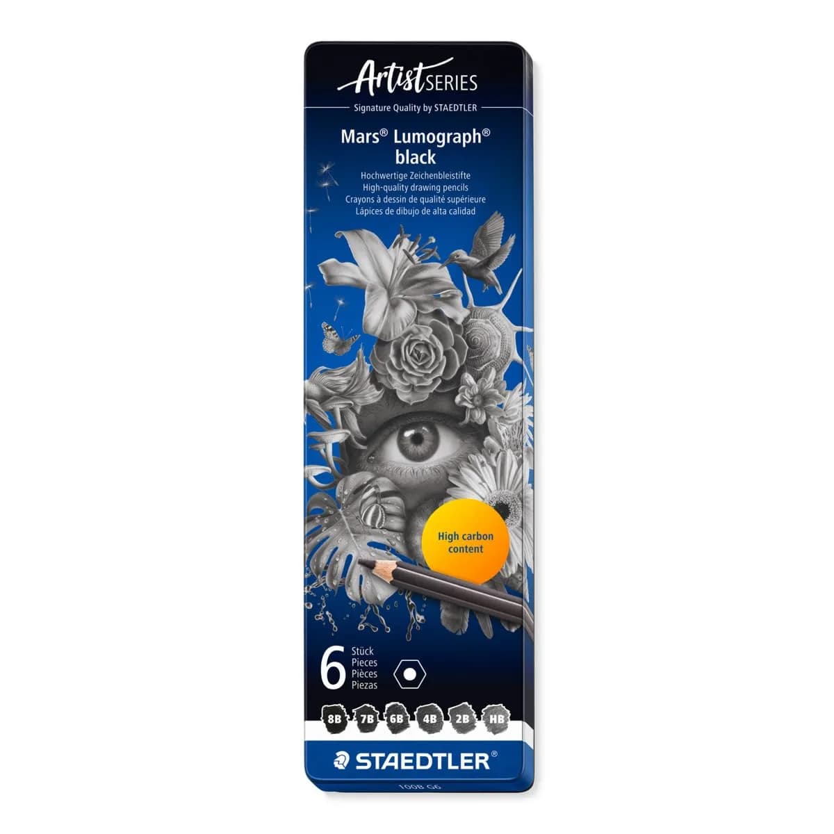 STAEDTLER Mars Lumograph Black Drawing Pencils 6 Pack in Metal Gift Tin | Deep Matte Black Tones for Expressive Art - main product image