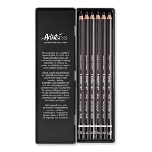 STAEDTLER Mars Lumograph Black Drawing Pencils 6 Pack in Metal Gift Tin | Deep Matte Black Tones for Expressive Art thumbnail 2