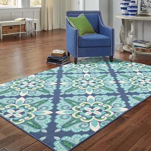Oriental Weavers Meridian Indoor/Outdoor Rug 2206B 1'10" x 2'10" in Blue/Green | Moroccan Style, Water & Fade Resistant thumbnail 5