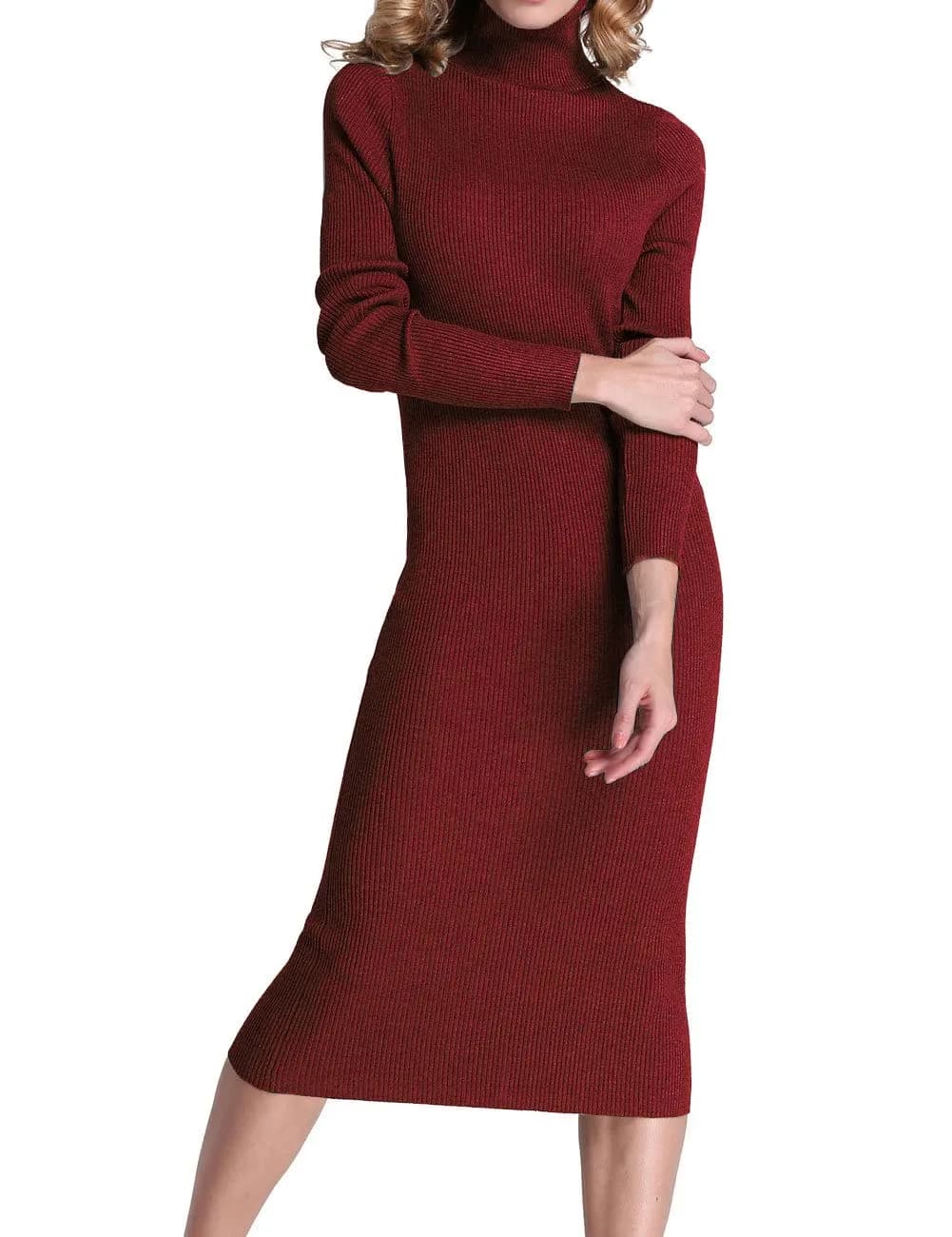 Rocorose Women's Turtleneck Ribbed Elbow Long Sleeve Knit Sweater Dress Red M | Slim Fit, Classic Winter Style