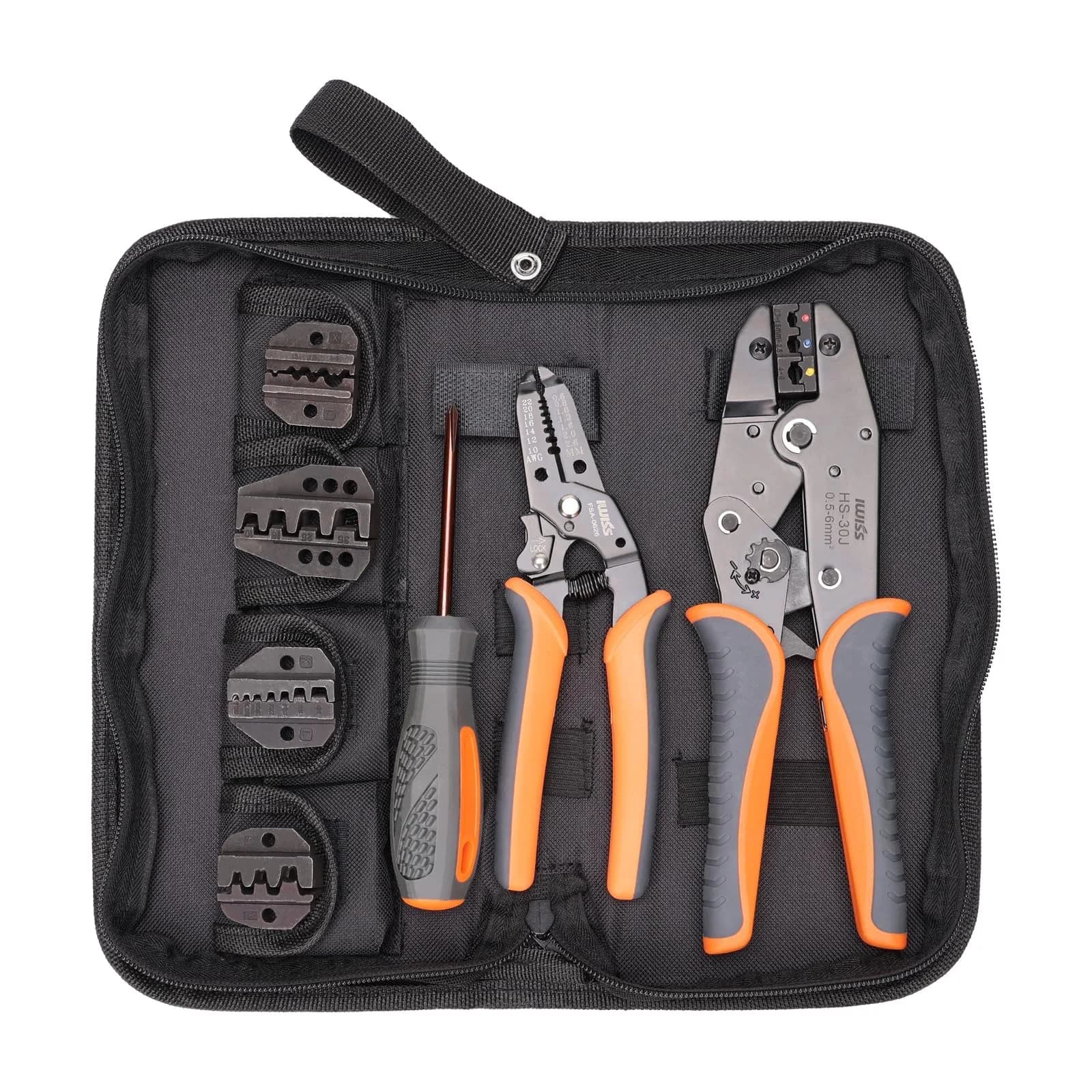 IWISS Ratchet Wire Crimping Tool Set with 5 Jaws & Wire Stripper | AWG 20-10 Crimping Pliers for Insulated & Non-Insulated Terminals — IWS-30J Terminal Tool Set