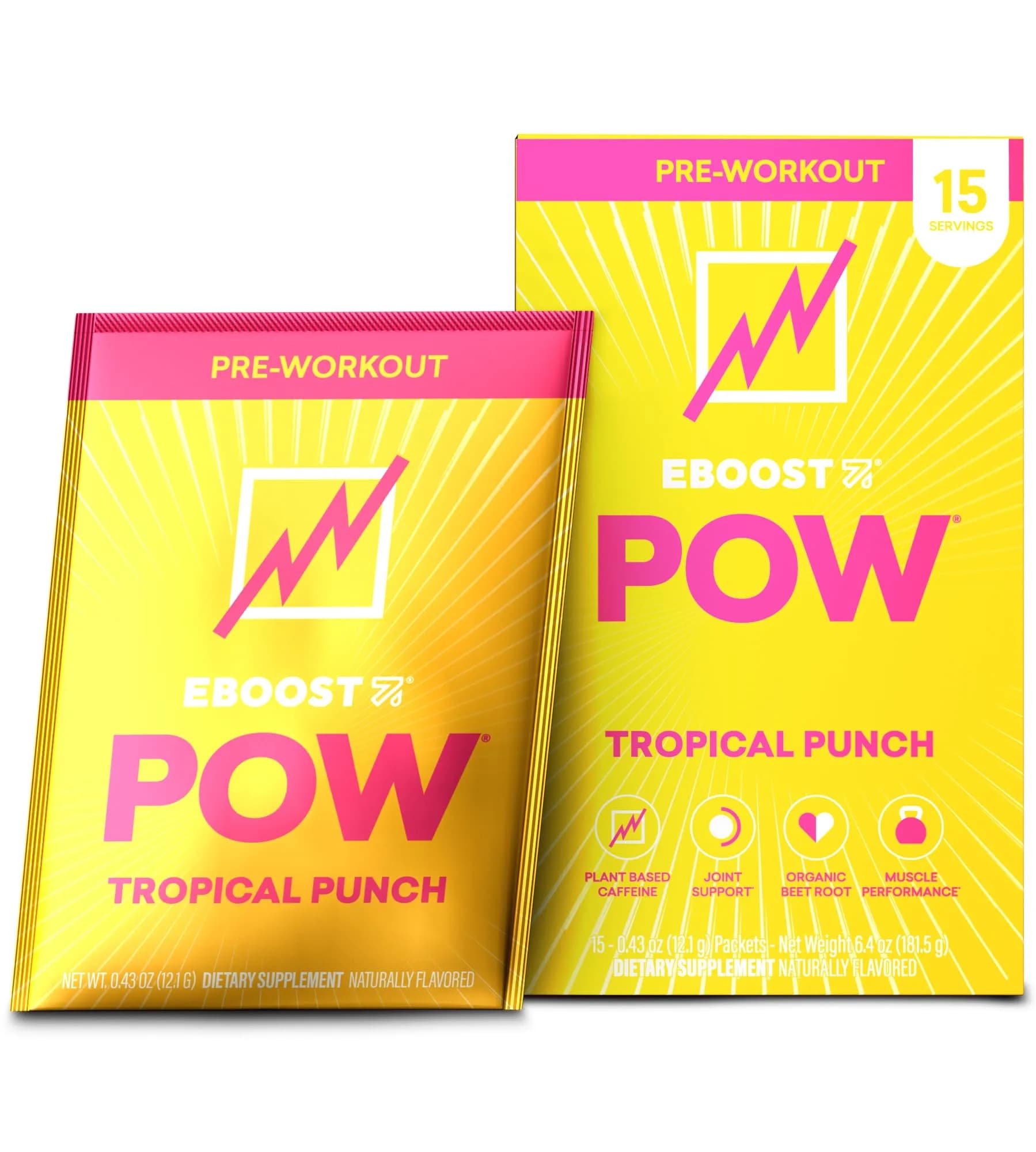 EBOOST POW Natural Pre Workout Powder 15 Packets | Blue Raspberry Energy & Performance Support — Tropical Punch / 15 Servings