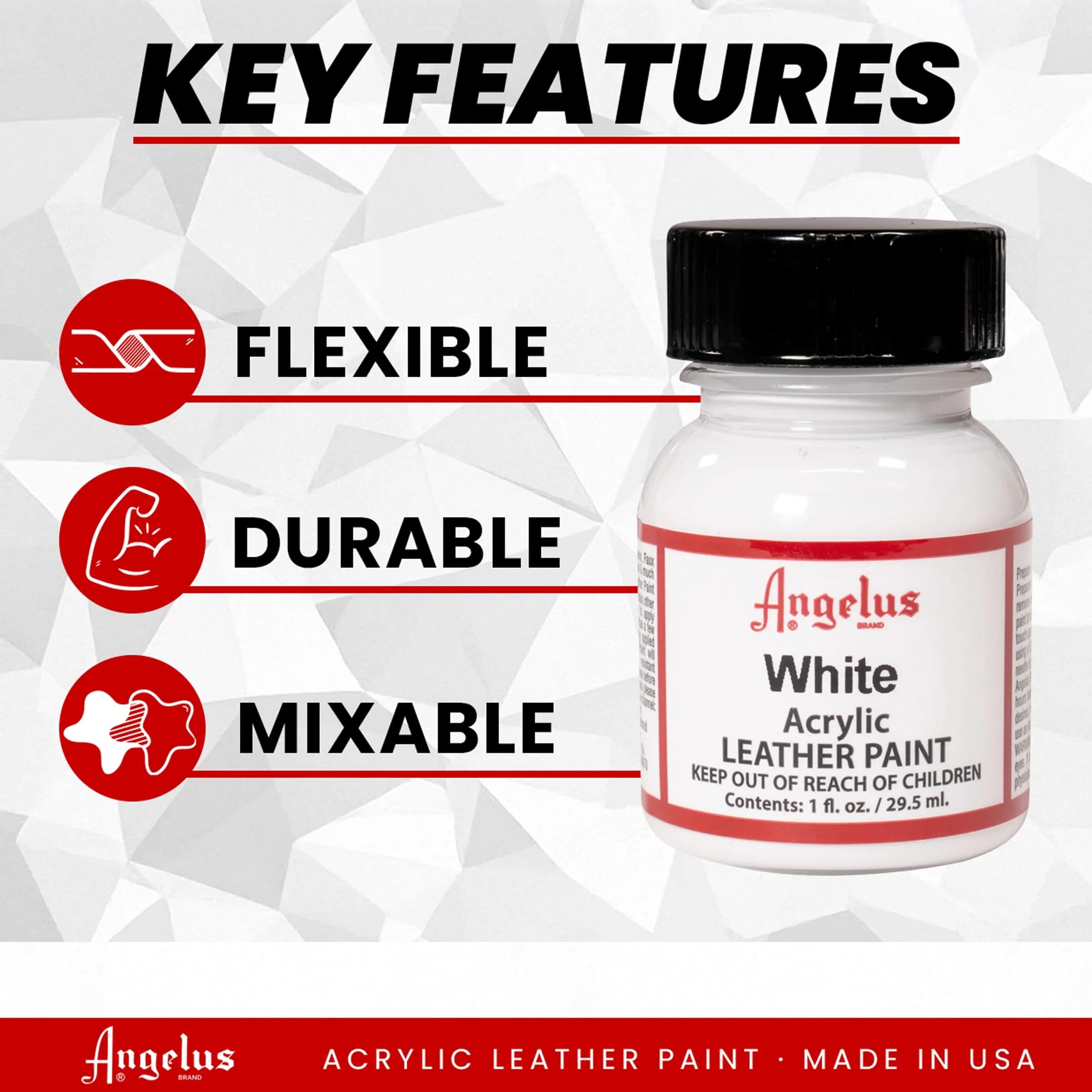 Angelus Acrylic Leather Paint White 30ml (1 Fl Oz) | Professional Flexible Crack Resistant Paint for Shoes - view 6