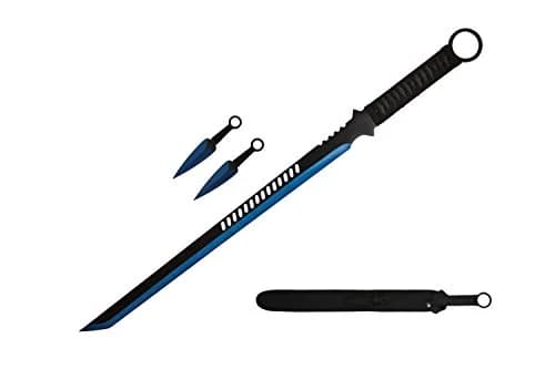 Wartech K1020-65-BL 440 Stainless Steel Full Tang Blade Ninja Hunting Machete Sword with Throwing Knives (2 Piece), 27", Blue thumbnail 1