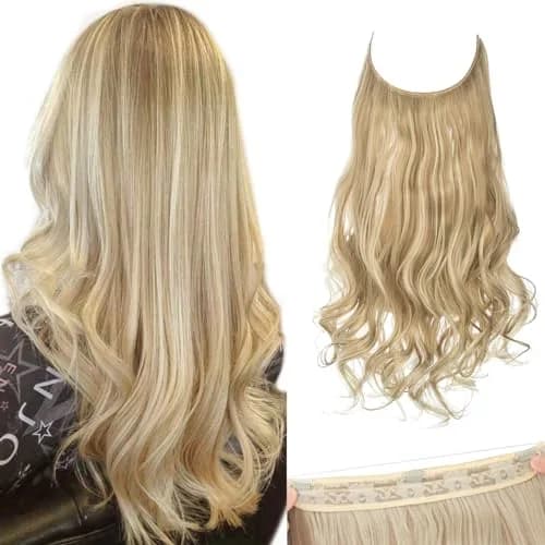 SARLA Hair Extensions Invisible Wire Dirty Blonde Highlight Wavy Curly Synthetic Hairpieces 18 Inch | Natural Look thumbnail 1