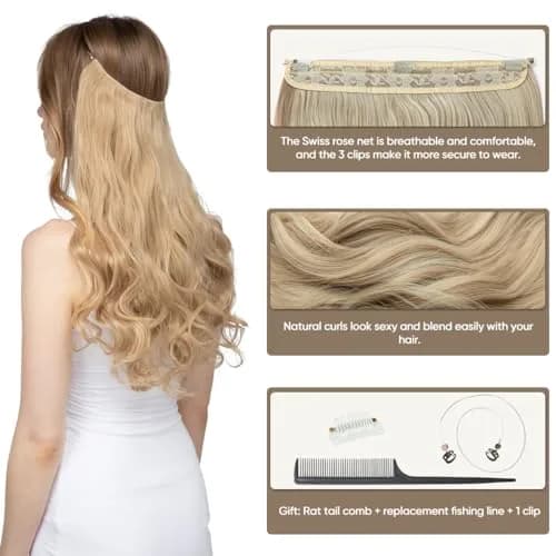 SARLA Hair Extensions Invisible Wire Dirty Blonde Highlight Wavy Curly Synthetic Hairpieces 18 Inch | Natural Look thumbnail 3
