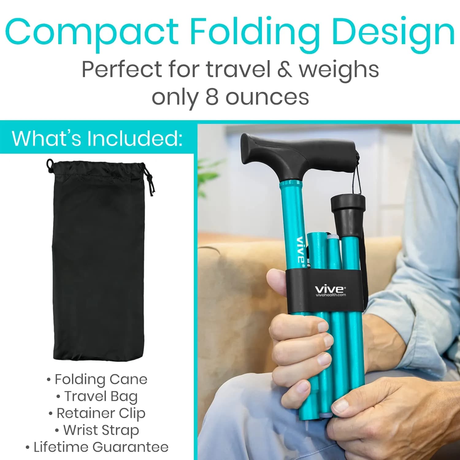 Vive Folding Cane - Adjustable Teal Walking Cane for Men & Women, 33"-37", Lightweight Mobility Aid with Ergonomic Grip - view 2