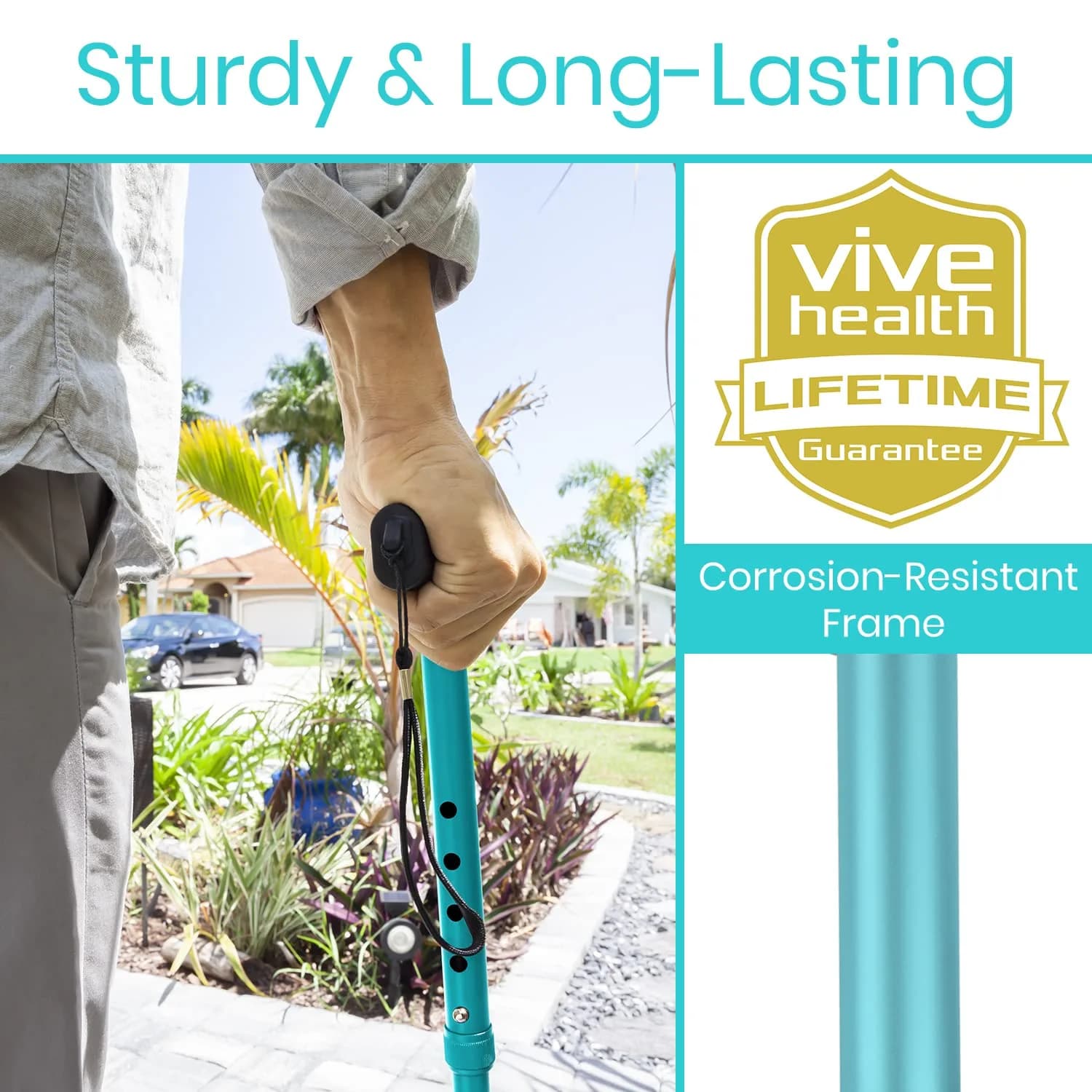 Vive Folding Cane - Adjustable Teal Walking Cane for Men & Women, 33"-37", Lightweight Mobility Aid with Ergonomic Grip - view 3