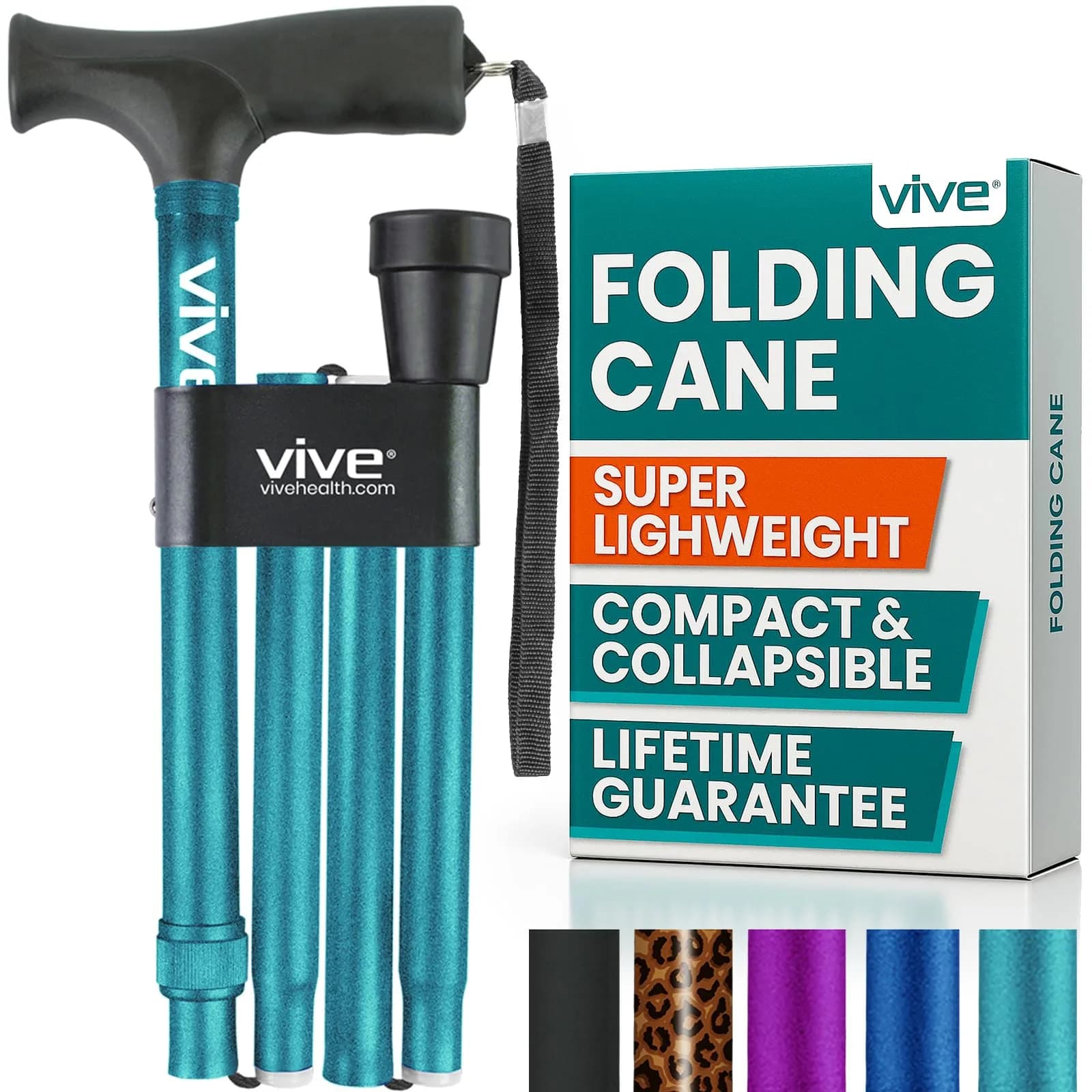 Vive Folding Cane - Adjustable Walking Cane for Men & Women, 33"-37", Purple | Lightweight Aluminum Mobility Aid with Ergonomic Grip & Non-Slip Tip — Teal