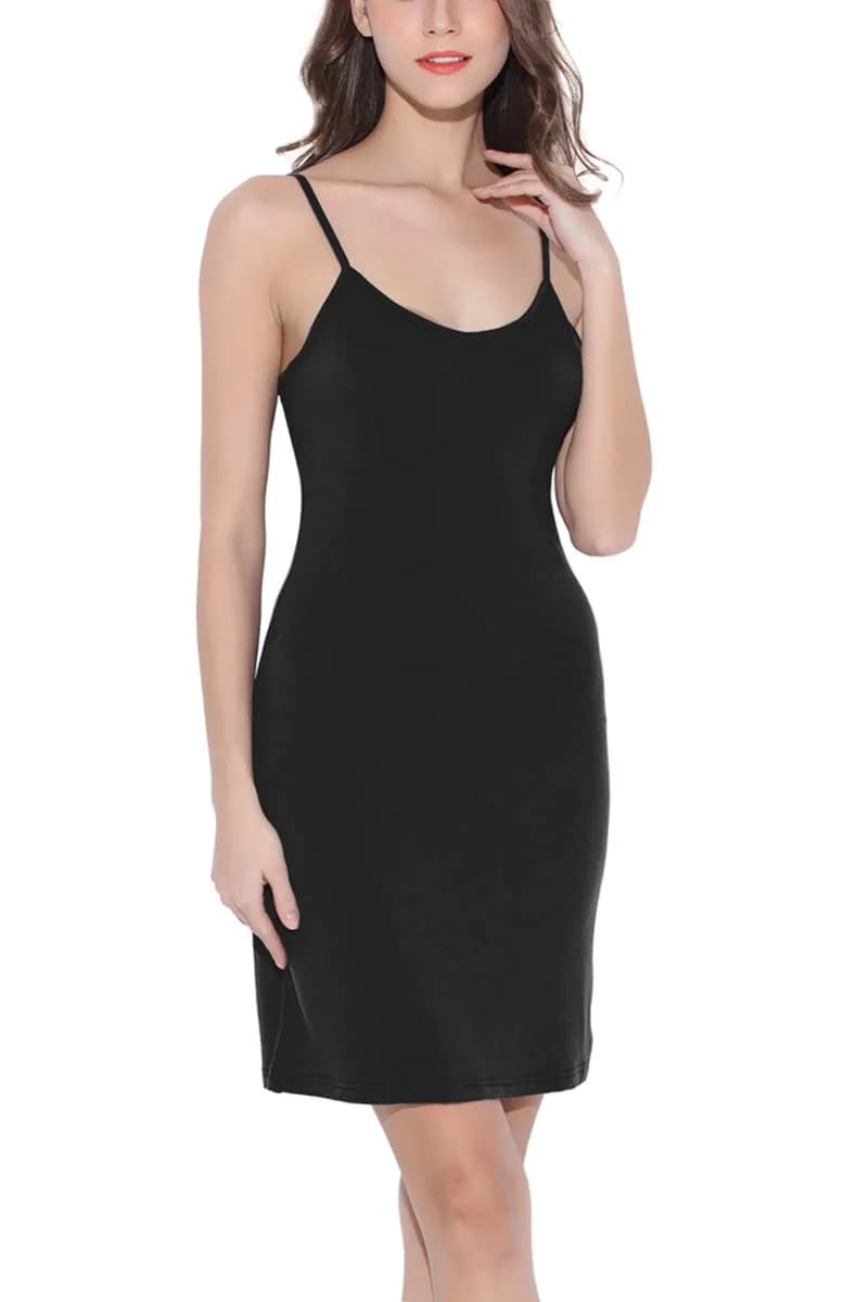 Coreal Women Long Spaghetti Strap Full Cami Slip Camisole Under Dress, Black, Small | High Stretch & Adjustable Length