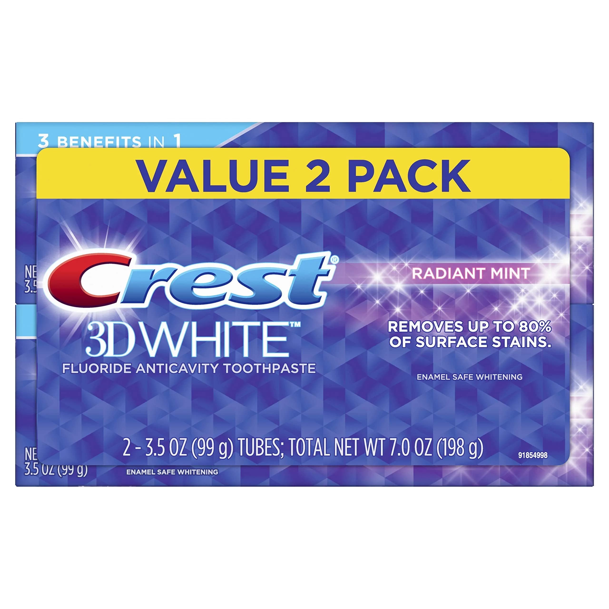 Crest 3D White Whitening Toothpaste, Radiant Mint, 3.5 Ounce (Pack of 2) | Surface stain removal & enamel protection — Older Version