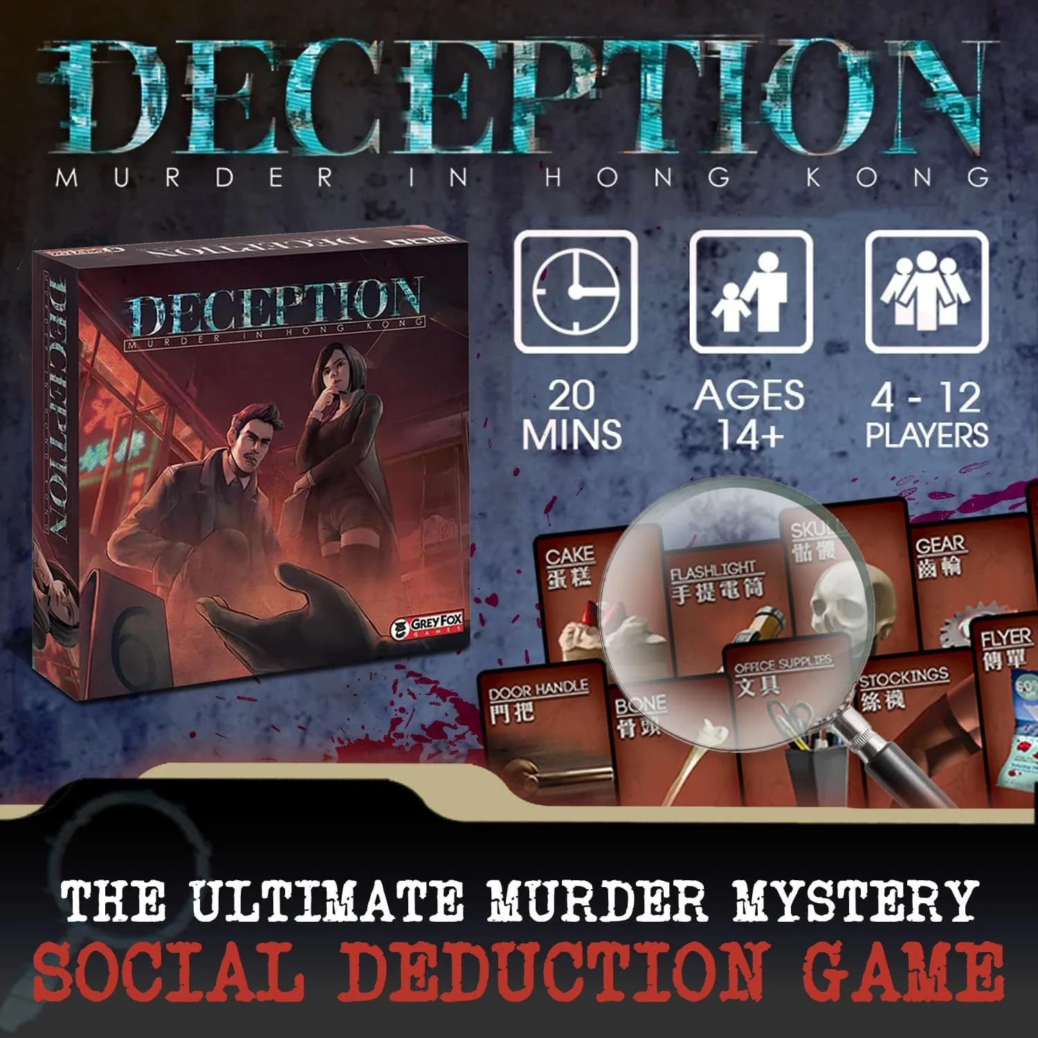 Grey Fox Games Deception: Murder in Hong Kong Board Game | Social Deduction | 4-12 Players | 20 Minutes - view 2