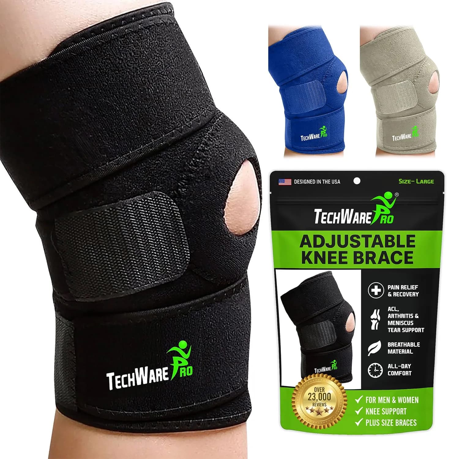 TechWare Pro Knee Brace Support - Relieves ACL, LCL, MCL, Meniscus Tear, Arthritis, Tendonitis Pain | Adjustable Bi-Directional Straps — Black