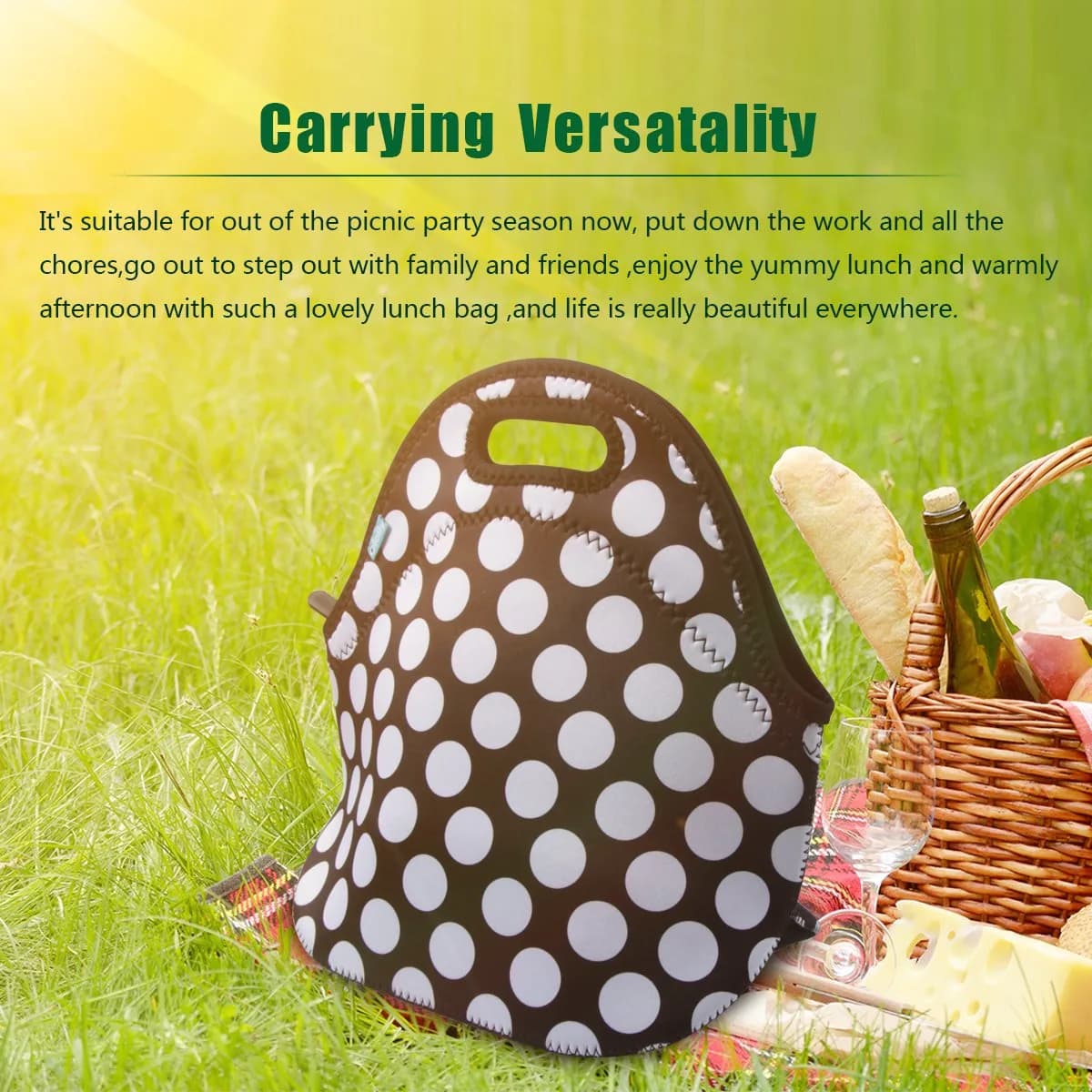 Ofeily Neoprene Lunch Tote Bag White Dots | Insulated, Waterproof, 10L (0.35 cu ft) thumbnail 5