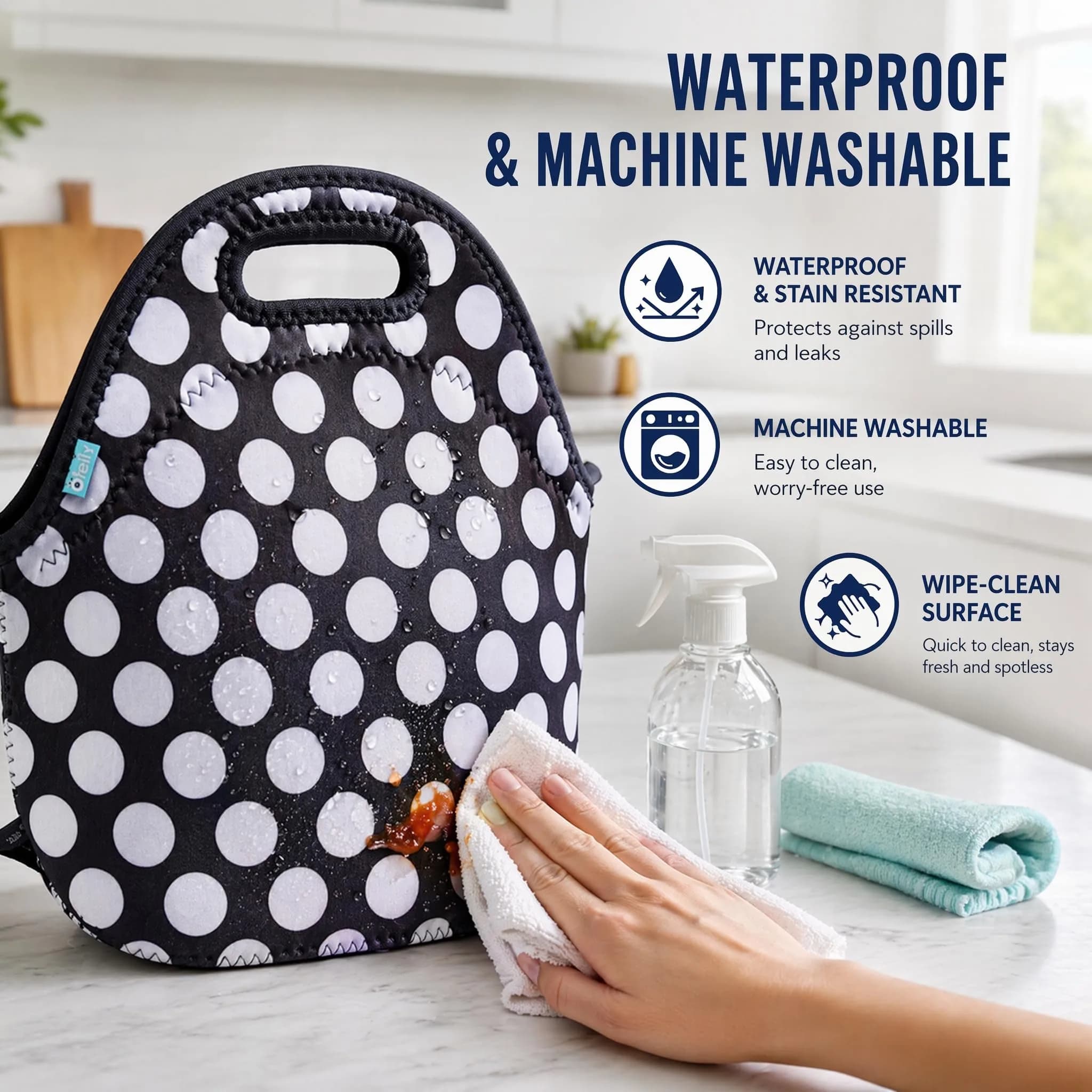 Ofeily Neoprene Lunch Tote Bag White Dots | Insulated, Waterproof, 10L (0.35 cu ft) thumbnail 6