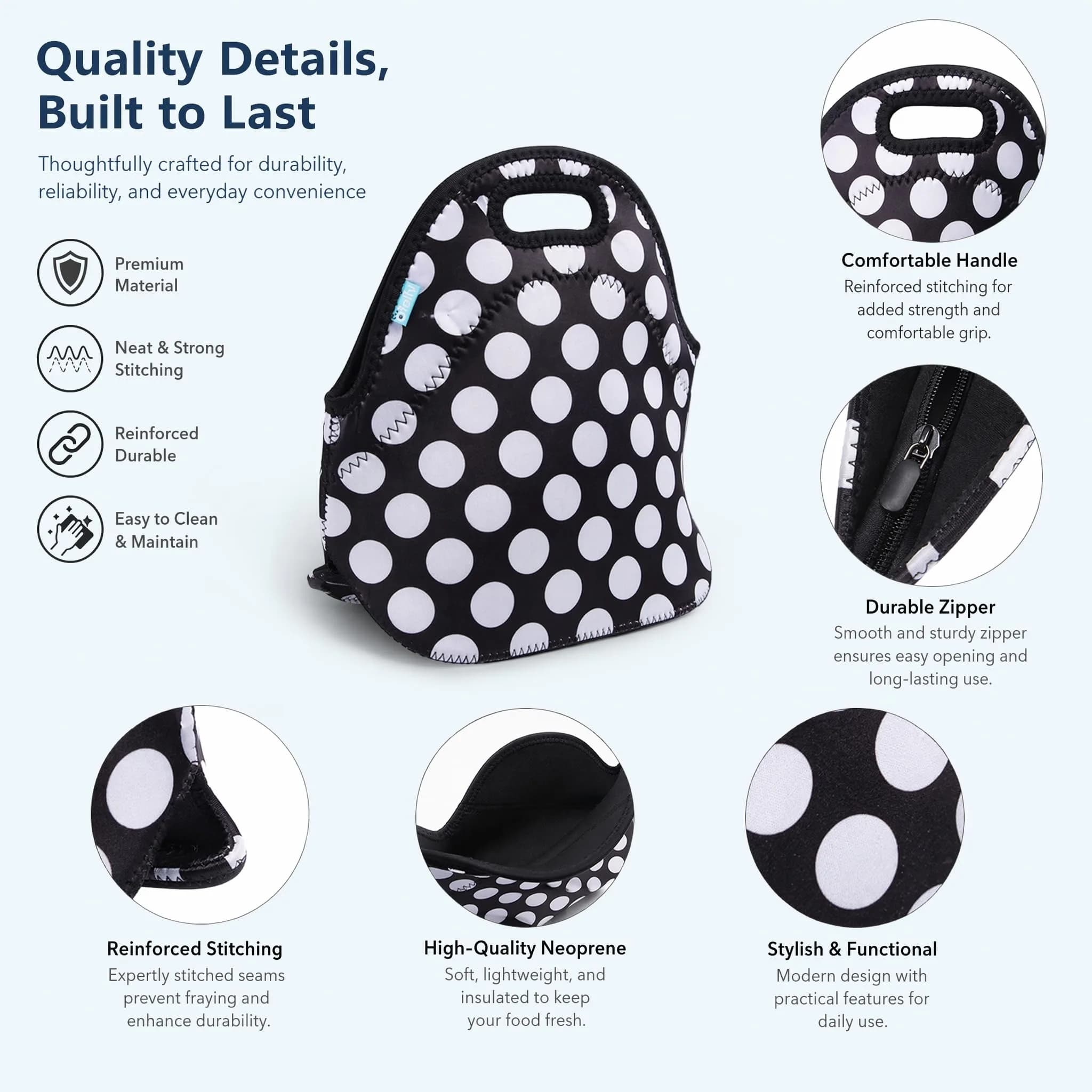 Ofeily Neoprene Lunch Tote Bag White Dots | Insulated, Waterproof, 10L (0.35 cu ft) thumbnail 8