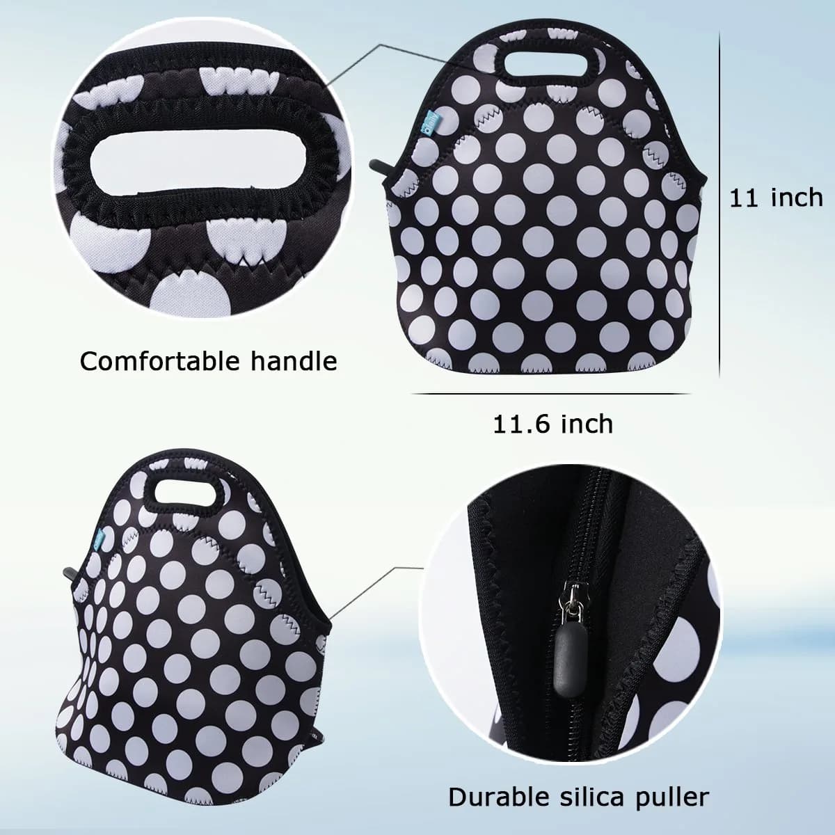 Ofeily Neoprene Lunch Tote Bag White Dots | Insulated, Waterproof, 10L (0.35 cu ft) thumbnail 9