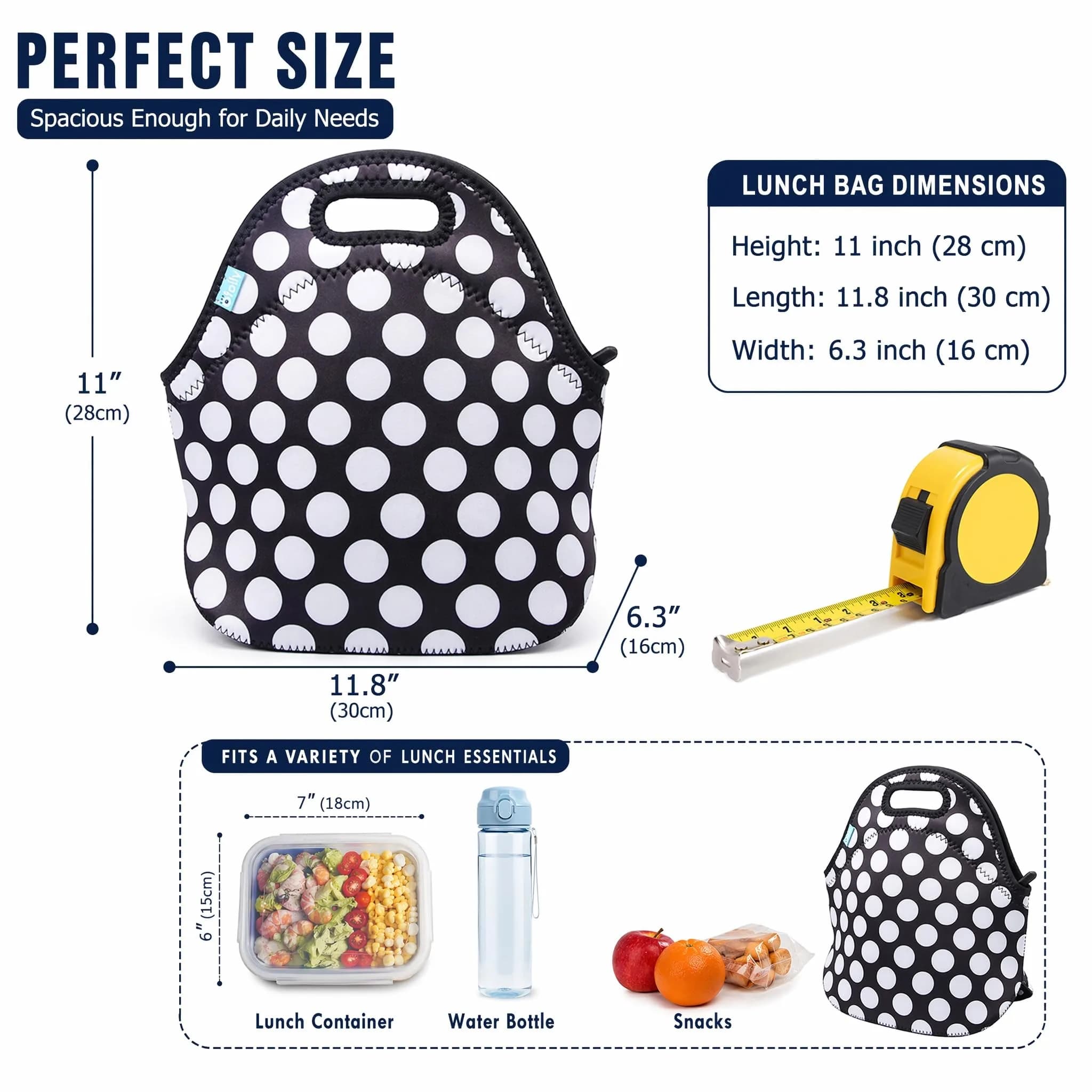 Ofeily Neoprene Lunch Tote Bag White Dots | Insulated, Waterproof, 10L (0.35 cu ft) thumbnail 2