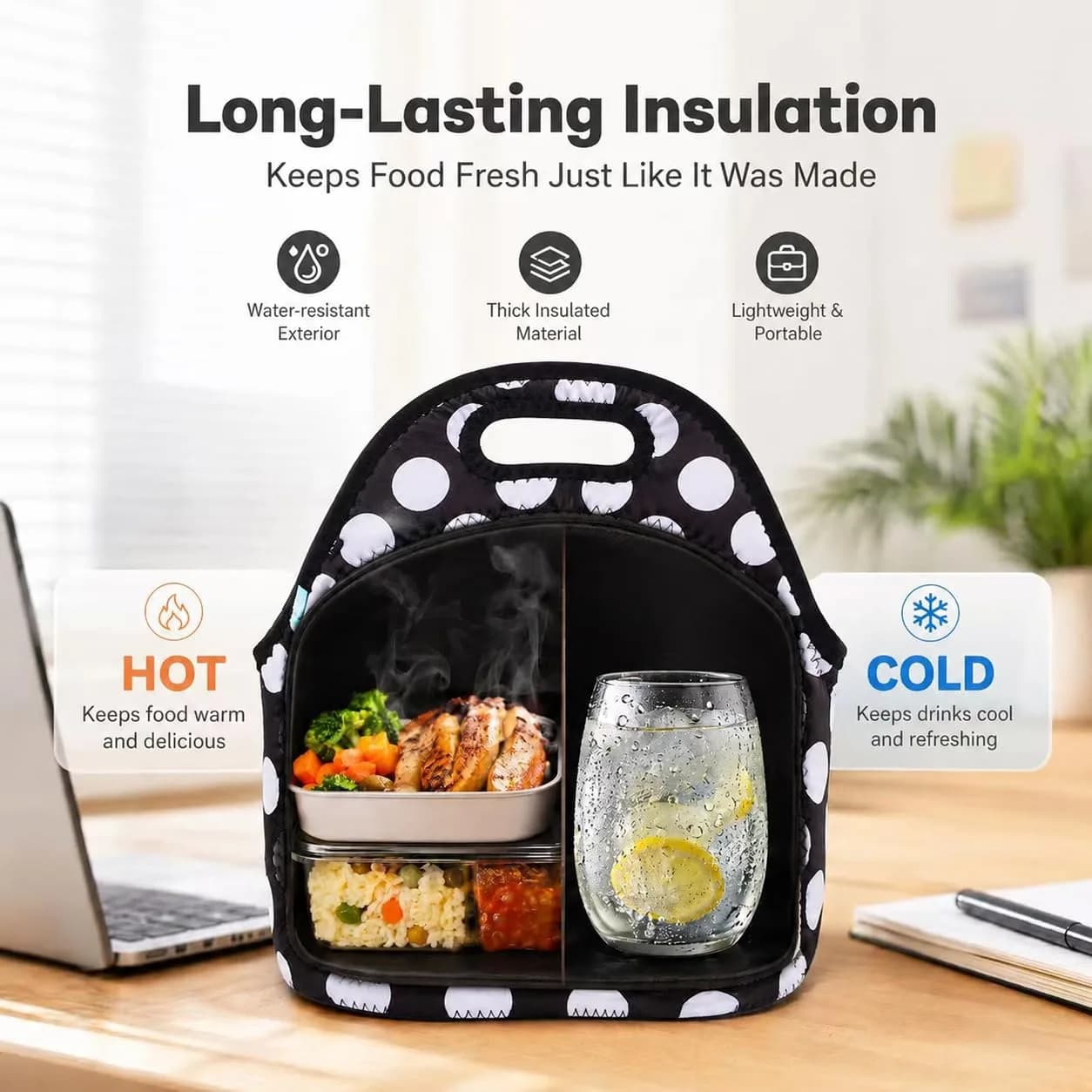 Ofeily Neoprene Lunch Tote Bag White Dots | Insulated, Waterproof, 10L (0.35 cu ft) thumbnail 3